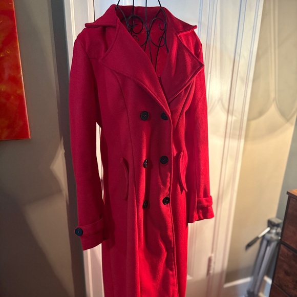Women’s Red Long Trench Coat Lightweight Double-Breasted Jacket XL - Picture 1 of 4